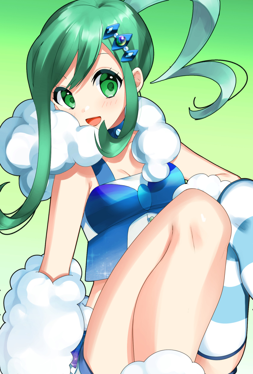 1girl :d asymmetrical_legwear breasts cleavage collarbone gradient gradient_background green_background green_eyes green_hair hair_ornament highres lisia_(pokemon) long_hair looking_at_viewer midriff open_mouth pokemon pokemon_(game) pokemon_oras shiny_hair sidelocks single_thighhigh sitting small_breasts smile solo striped striped_thighhighs thighhighs yuihico