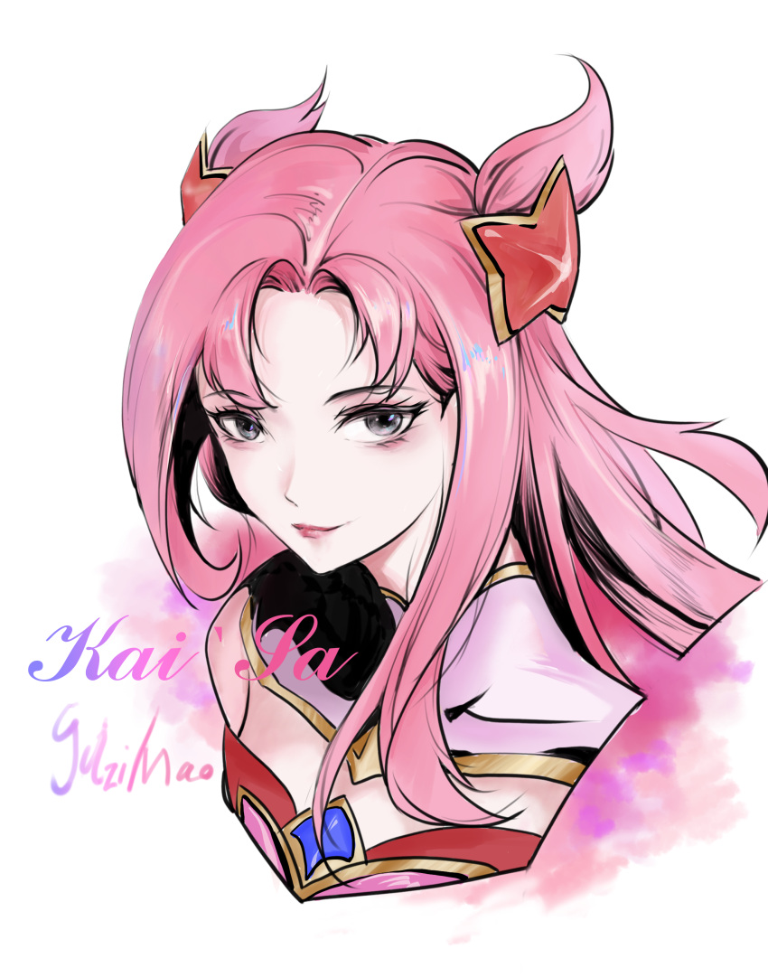 1girl absurdres artist_name bangs character_name cropped_shoulders double_bun hair_bun hair_ornament highres juzi_mao kai'sa league_of_legends long_hair parted_bangs pink_eyes pink_lips shiny_hair smile solo star_(symbol) star_guardian_(league_of_legends) star_guardian_kai'sa star_hair_ornament white_background