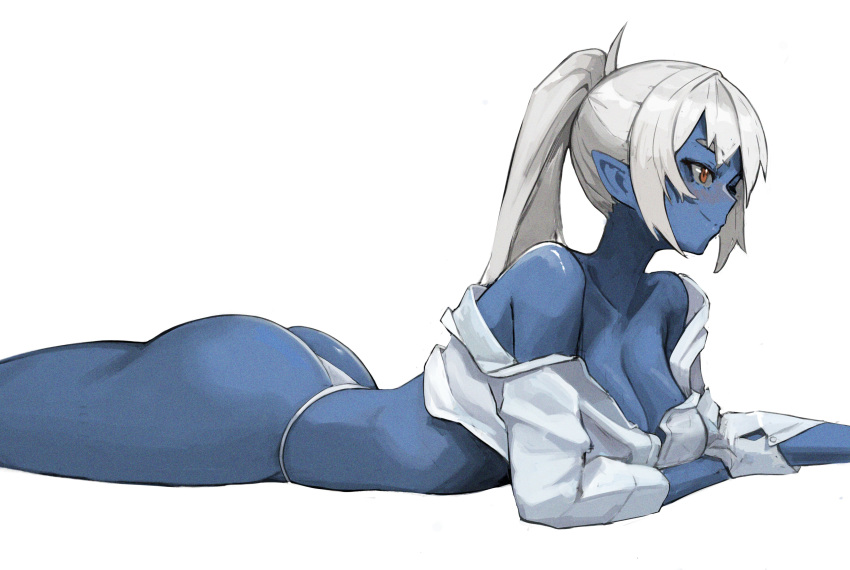 1girl absurdres atera_(mr._darling) bangs blue_skin blush breasts buttons cleavage collared_shirt colored_skin dress_shirt elf from_side hair_intakes highres large_breasts long_hair long_sleeves lying mole mole_on_breast no_bra off_shoulder on_stomach orange_hair original panties pointy_ears ponytail shirt simple_background solo tefi_blum thick_eyebrows thighs thong underwear white_background white_hair white_panties white_shirt wing_collar
