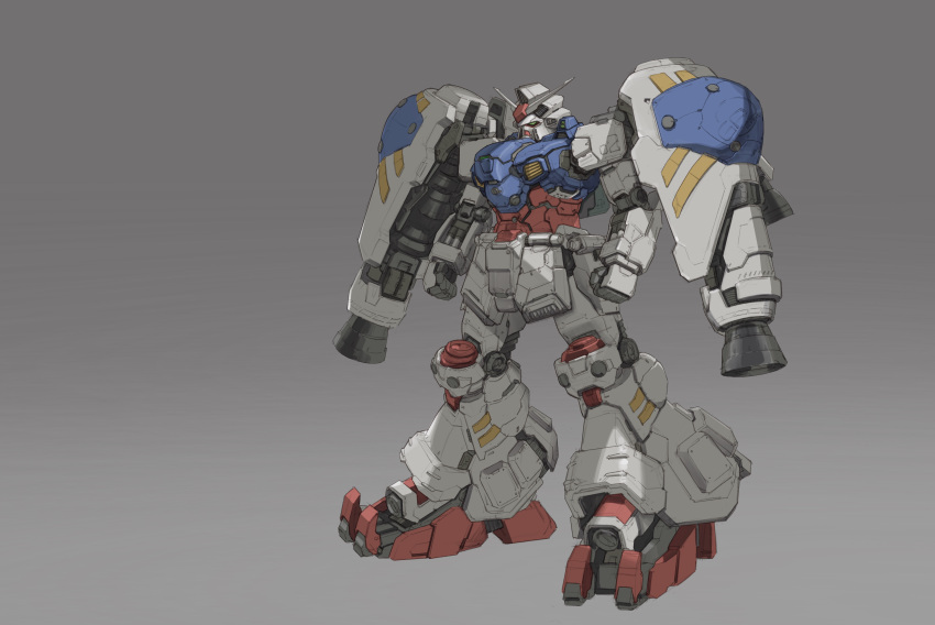 absurdres clenched_hands commentary_request full_body green_eyes grey_background gundam gundam_0083 gundam_gp-02_physalis highres mecha mobile_suit no_humans robot science_fiction simple_background solo standing thrusters v-fin zakuma