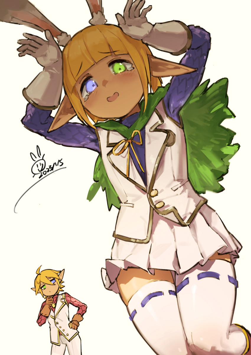 1boy 1girl absurdres animal_ears armor aura_bella_fiora blonde_hair blue_eyes brother_and_sister bunny_pose cape cowboy_shot crossdressing dark_elf elf fake_animal_ears gloves green_cape green_eyes heterochromia highres light_blush linpiu mare_bello_fiore open_mouth otoko_no_ko overlord_(maruyama) pants pleated_skirt pointy_ears rabbit_ears scale_armor shirt siblings skirt solo_focus thighhighs tomboy vest white_background white_gloves white_pants white_shirt white_thighhighs white_vest