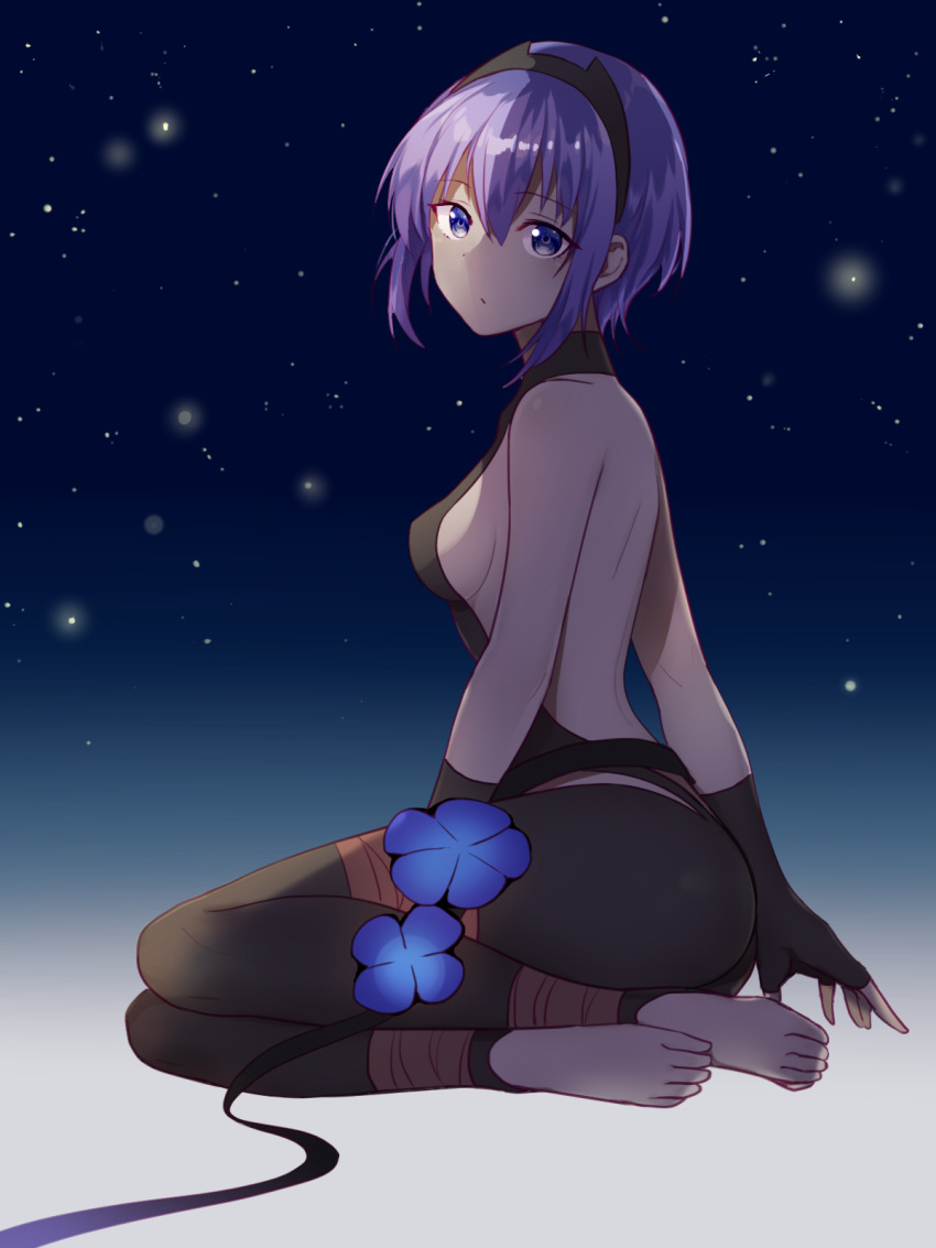 1girl bare_back bare_shoulders barefoot black_gloves blue_flower breasts fate/grand_order fate/prototype fate_(series) fingerless_gloves flower gloves hassan_of_serenity_(fate) headband highres kneeling legs night parted_lips purple_eyes purple_hair sada_(sadahalu) short_hair sideboob sleeveless solo toes