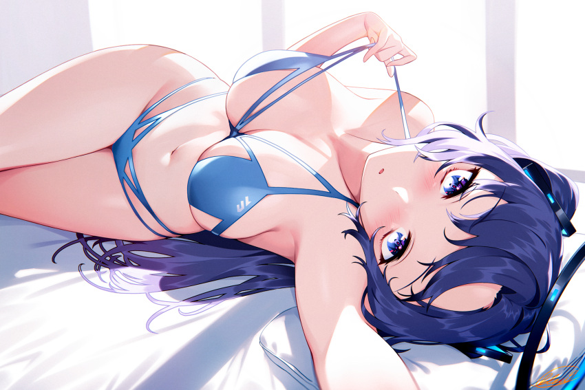 1girl alternate_costume armpits bangs bare_shoulders bed_sheet bikini blew_andwhite blue_archive blue_bikini blue_eyes blush breasts cleavage collarbone commentary_request halo halterneck highres large_breasts long_hair looking_at_viewer lying navel off_shoulder on_back on_bed on_side parted_lips purple_eyes solo strap_pull string_bikini swimsuit thighs two_side_up yuuka_(blue_archive)