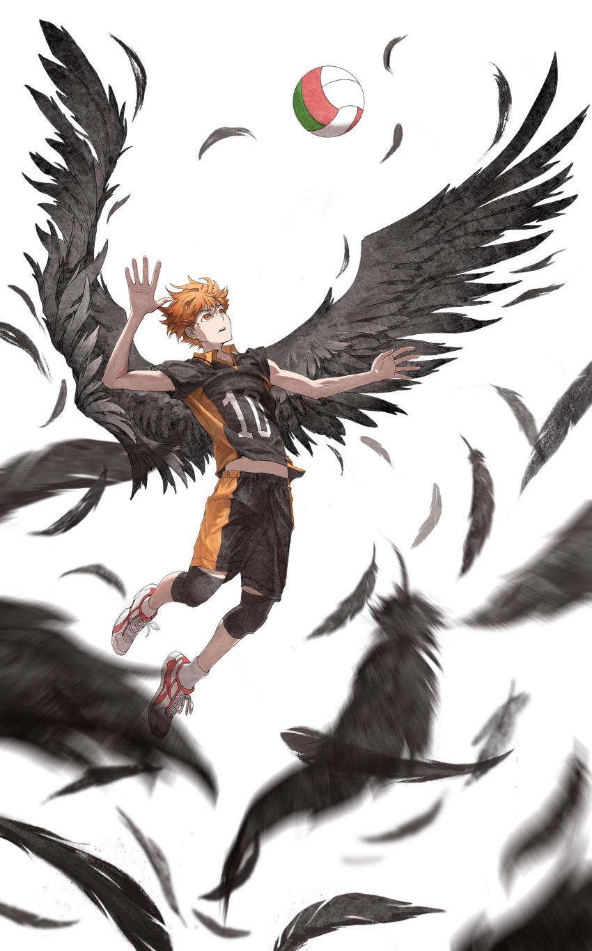 1boy absurdres ankle_socks ball banban953 bare_arms black_shirt black_shorts black_wings expressionless feathered_wings feathers floating_hair flying full_body haikyuu!! highres hinata_shouyou knee_pads looking_at_object male_focus messy_hair midriff open_mouth orange_eyes orange_hair playing_sports shirt shoes short_sleeves shorts simple_background sneakers socks solo sportswear spread_wings t-shirt volleyball volleyball_(object) volleyball_uniform white_background white_shoes white_socks wings