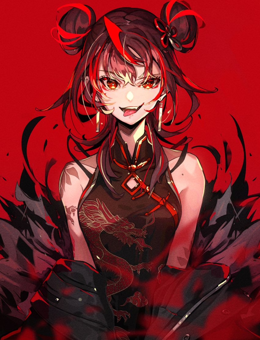 1girl :d bare_shoulders breasts china_dress chinese_clothes double_bun dress earrings hair_bun highres jewelry looking_at_viewer original pokimari red_background red_eyes red_hair simple_background smile solo teeth tongue tongue_out