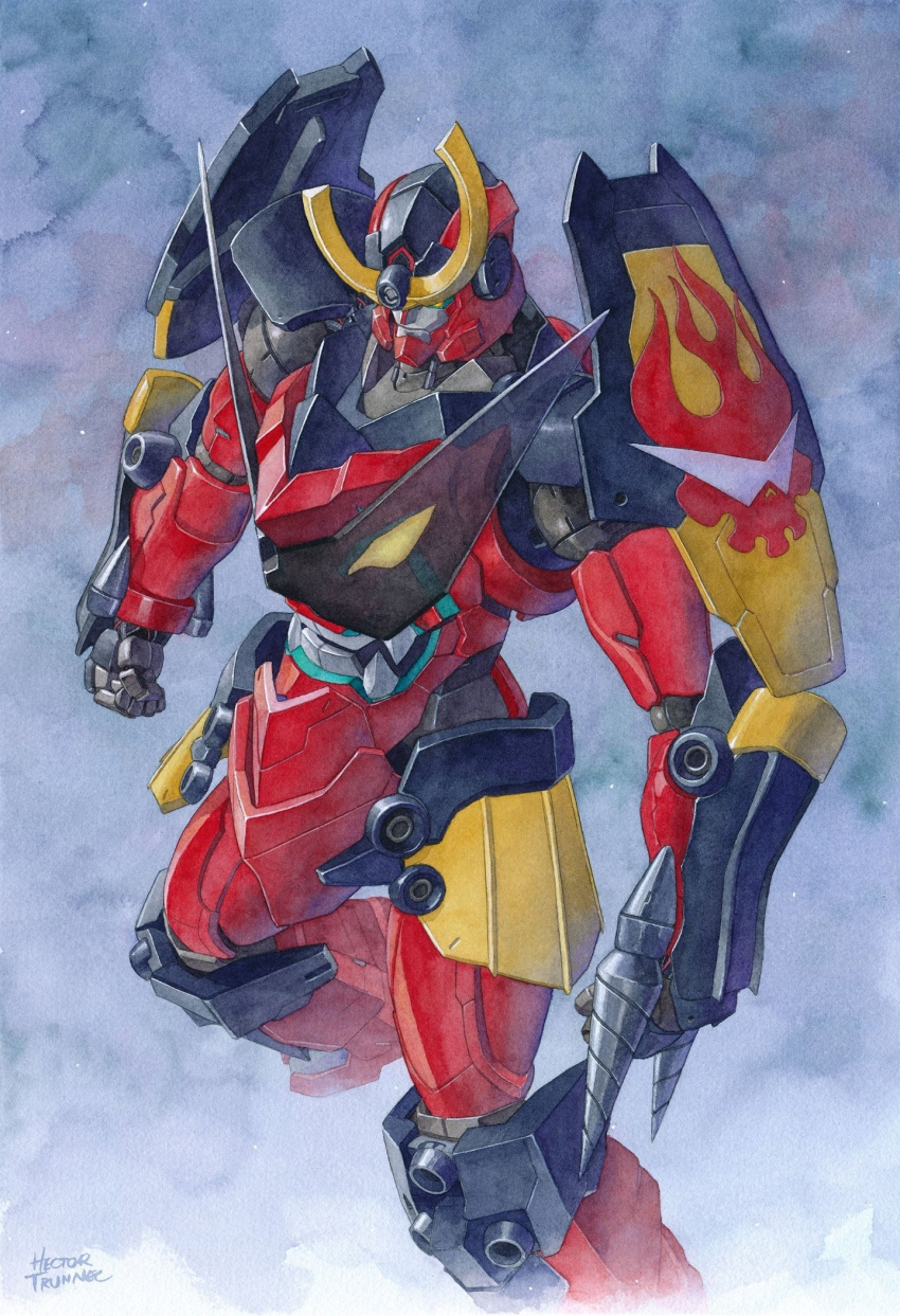 clenched_hands commission drill english_commentary gurren-lagann hector_trunnec highres looking_down mecha no_humans painting_(medium) robot science_fiction solo super_robot tengen_toppa_gurren_lagann traditional_media watercolor_(medium) yellow_eyes