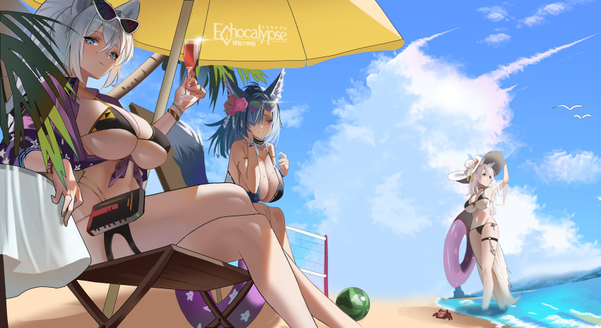 3girls absurdres animal_ear_fluff animal_ears beach beach_umbrella bikini bird black_bikini blue_bikini blue_hair blue_sky bracelet breasts champagne_flute character_request cloud crab cup drinking_glass echocalypse eyewear_on_head flower food fruit grey_hair hair_flower hair_ornament hat highres holding holding_innertube incredibly_absurdres innertube jewelry large_breasts multiple_girls ocean palm_tree pink_flower side-tie_bikini_bottom sitting sky sq sun_hat swimsuit tail tree umbrella volleyball_net watermelon