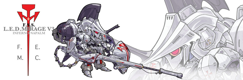 absurdres ana_nibeme cable character_name chibi five_star_stories gun highres holding holding_gun holding_weapon led_mirage mecha no_humans open_hand red_eyes robot science_fiction shield solo weapon zoom_layer