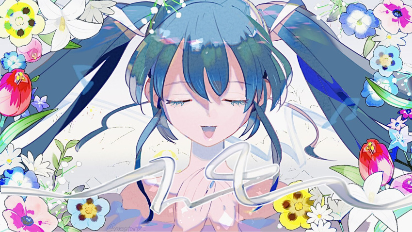 1girl :d bangs blue_flower blue_hair blue_nails closed_eyes daisy eyelashes fingernails flower hair_between_eyes hands_up hatsune_miku leaf lily_(flower) long_hair mizutani_megumi nail_polish open_mouth red_flower smile solo straight-on twintails twitter_username upper_body vocaloid white_flower yellow_flower