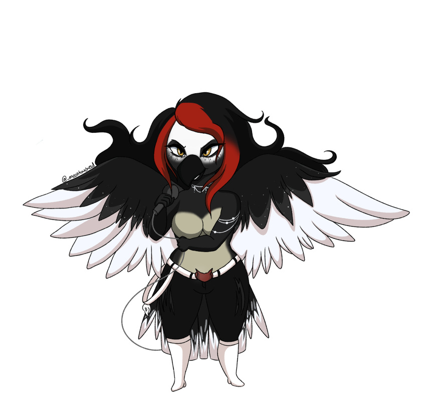 anthro avian belt big_breasts bird black_hair boots breasts chibi clothed clothing corvid corvus_(genus) crow female footwear goth hair heavy_metal hi_res highlights_(coloring) jewelry long_hair melisandre_(artist) microphone musician necklace oscine our_fragile_echo paivio_selanne passerine red_highlights singer solo spread_wings topless topless_female wings