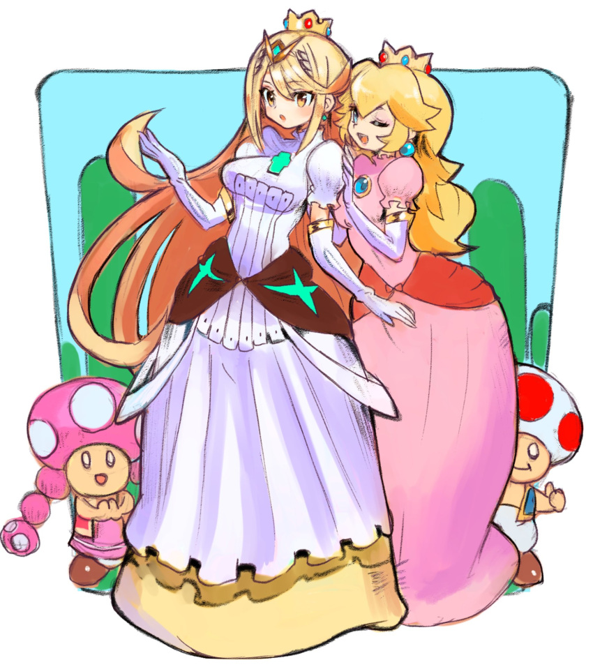 1boy 3girls blonde_hair blue_eyes cosplay crown dakusuta day dress earrings highres hug jewelry long_hair looking_to_the_side mario_(series) multiple_girls mythra_(xenoblade) one_eye_closed open_mouth pink_dress princess_peach princess_peach_(cosplay) short_sleeves sky thumbs_up tiara toad_(mario) toadette tree very_long_hair white_background white_dress xenoblade_chronicles_(series) xenoblade_chronicles_2 yellow_eyes