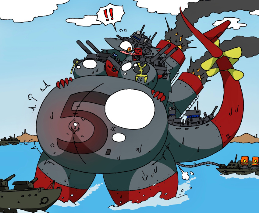 anthro areola battleship belly big_belly big_breasts bodily_fluids breasts claws clothing cloud day female fire grey_areola grey_body grey_hair grey_tail hage hair hi_res huge_breasts huge_thighs hyper hyper_belly hyper_breasts hyper_hips hyper_thighs inflation larger_female living_machine living_vehicle living_watercraft machine macro markings multicolored_body navel nipple_piercing nipples nude number open_mouth orange_eyes outie_navel piercing red_body red_tail ryu_(hage) ship size_difference sky smoke smoke_from_ass solo steam steam_from_ass sweat tail tail_markings thick_thighs two_tone_body two_tone_tail vehicle warship water watercraft yellow_clothing yellow_tail