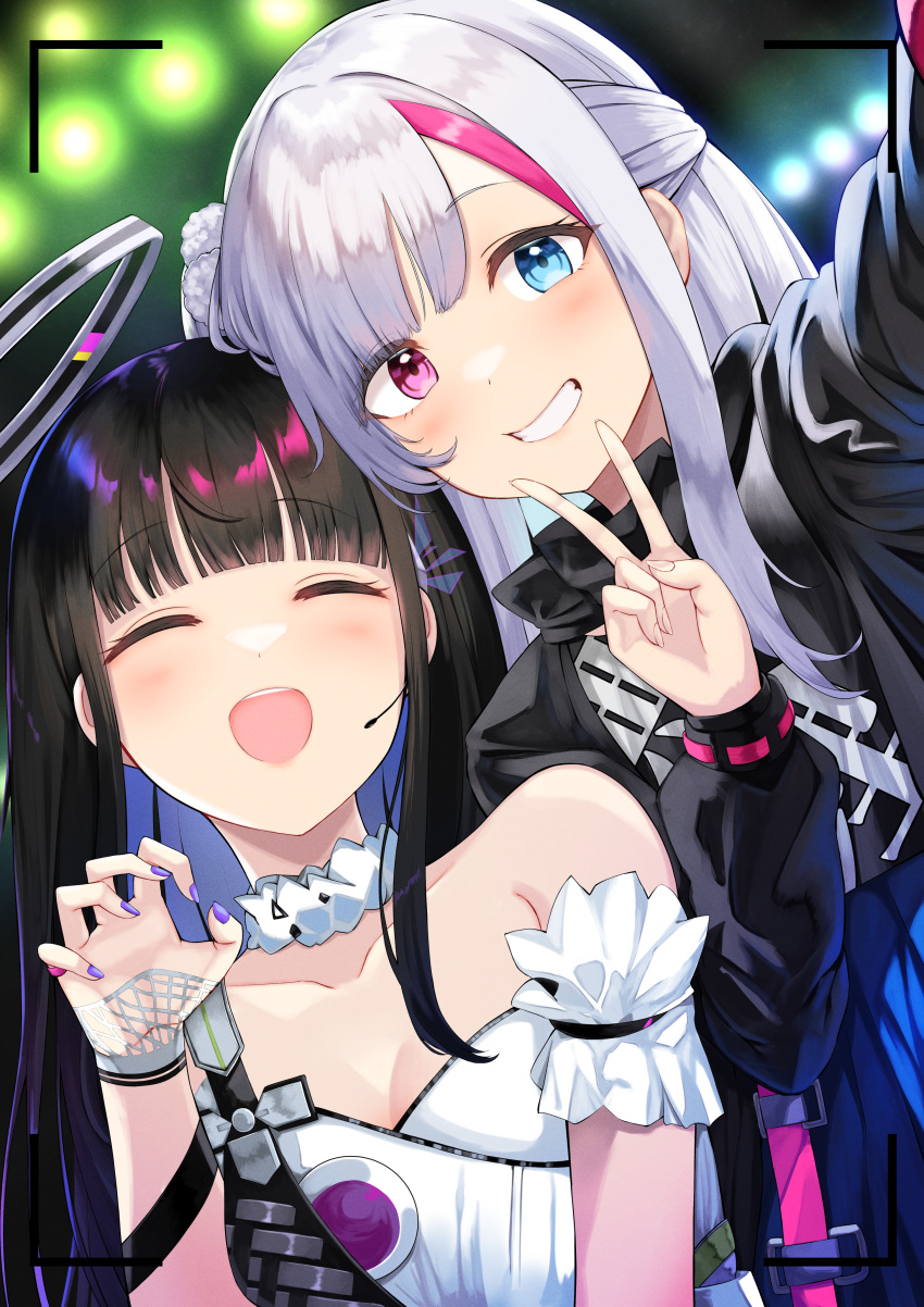 2girls absurdres bangs bare_shoulders blue_eyes blue_hair blunt_bangs breasts brown_hair claw_pose cleavage closed_eyes colored_inner_hair dress girls'_frontline_neural_cloud grey_hair grin halo hand_up heterochromia highres kuro_(girls'_frontline_nc) long_hair mdr_(girls'_frontline) multicolored_hair multiple_girls nanaka_(girls'_frontline_nc) off-shoulder_dress off_shoulder pink_eyes pink_hair purple_nails selfie shirt small_breasts smile streaked_hair upper_body v viewfinder white_dress white_shirt yamato_(muchuu_paradigm)