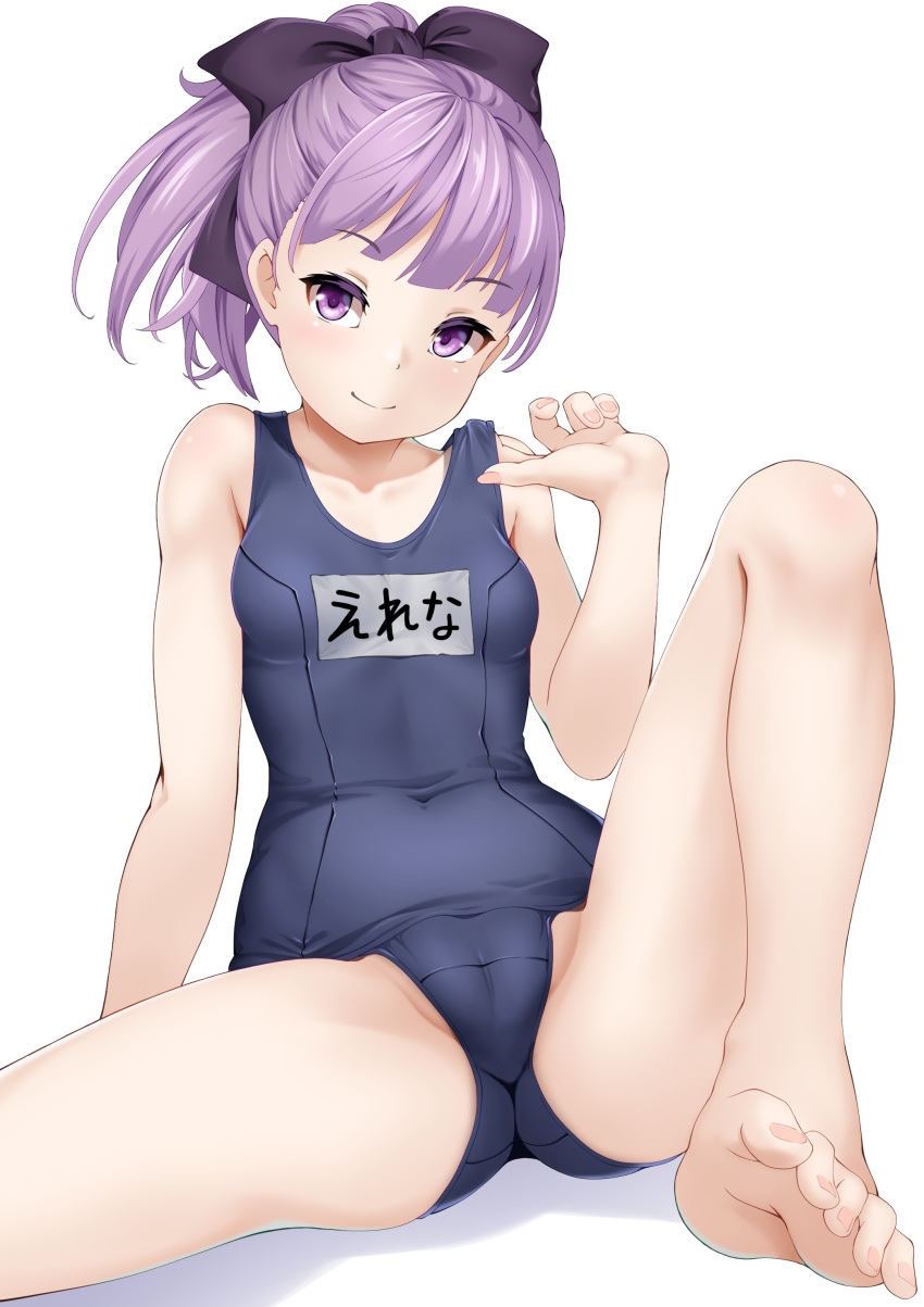 1girl absurdres adjusting_clothes adjusting_swimsuit bangs bare_legs bare_shoulders barefoot blue_one-piece_swimsuit breasts covered_navel fate/grand_order fate_(series) helena_blavatsky_(fate) helena_blavatsky_(swimsuit_archer)_(fate) helena_blavatsky_(swimsuit_archer)_(first_ascension)_(fate) highres looking_at_viewer name_tag one-piece_swimsuit ponytail purple_eyes purple_hair school_swimsuit short_hair short_ponytail sitting small_breasts smile solo swimsuit white_background yamachi_(xadp7533)