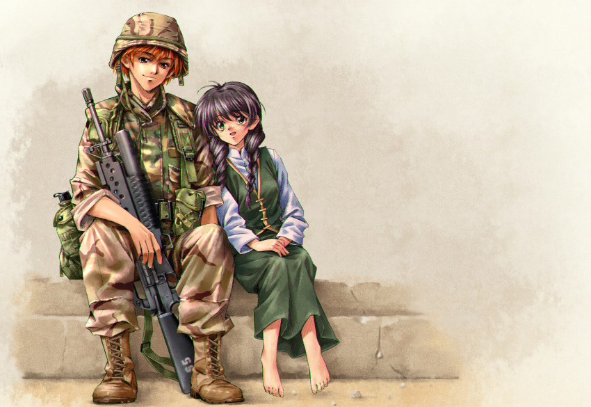 1boy 1girl :d ahoge ammunition_pouch arm_at_side assault_rifle bangs barefoot belt boots braid brown_eyes brown_footwear brown_hair camouflage camouflage_jacket canteen chin_strap collared_shirt combat_boots combat_helmet commentary desert_camouflage full_body green_belt green_eyes green_skirt green_vest grenade_launcher grey_background gun hair_over_shoulder height_difference helmet highres holding holding_gun holding_weapon jacket jasmine_(rewrite) load_bearing_vest long_hair long_sleeves longmei_er_de_tuzi looking_at_viewer m16 m203 military military_uniform multicolored_clothes multicolored_headwear multicolored_jacket multicolored_pants negative_space open_mouth orange_hair own_hands_together parted_lips pocket pouch purple_hair rewrite rifle shirt short_hair short_sleeves sitting skirt skirt_set sleeves_rolled_up sling smile soldier tennouji_kotarou twin_braids underbarrel_grenade_launcher uniform utility_belt vest weapon white_shirt woodland_camouflage