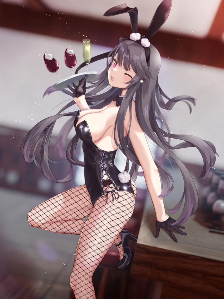 1girl ;d animal_ears arm_behind_back arm_support ass azur_lane backless_leotard bar_stool bare_shoulders black_bow black_gloves black_hairband black_leotard blush bow breasts brown_hair cleavage cross-laced_leotard cup detached_collar drinking_glass fishnet_pantyhose fishnets from_side gloves hairband hakamaboooots hand_up happy high_heels highres holding holding_tray indoors large_breasts leg_up legs leotard long_hair looking_at_viewer medium_breasts no_bra no_panties one_eye_closed pamiat_merkuria_(azur_lane) pantyhose pink_eyes rabbit_ears rabbit_tail skin_tight smile solo splashing standing standing_on_one_leg star_(symbol) stool tail thighs tray very_long_hair
