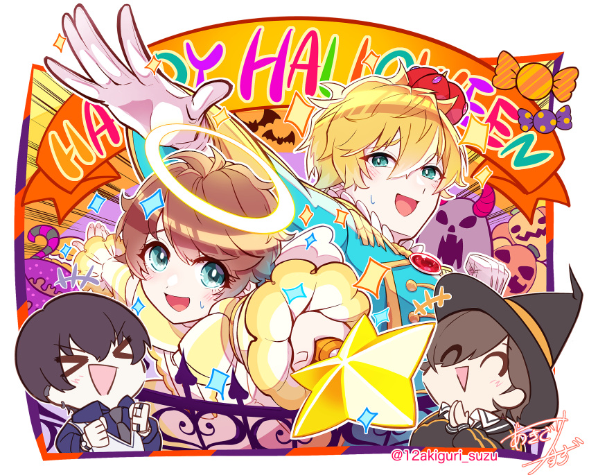 4boys akiguri_suzu aoppella aqua_eyes blonde_hair blush crossdressing crown halloween halo happy_halloween highres kariyazono_michitaka light_brown_hair looking_at_viewer magical_girl male_focus multiple_boys shihou_luka short_hair suzumiya_hajime tanba_rin_(aoppella) twitter_username wand