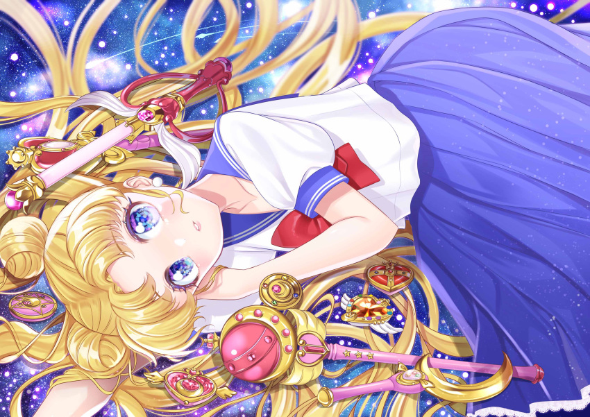 1girl absurdres bangs bishoujo_senshi_sailor_moon blonde_hair blue_eyes blue_sailor_collar blue_skirt bow brooch collarbone cutie_moon_rod double_bun earrings hair_bun heart_brooch highres jewelry juuban_middle_school_uniform kaleidomoon_scope long_hair long_skirt looking_at_viewer lying momoanne32 moon_stick on_side parted_bangs parted_lips pleated_skirt red_bow sailor_collar school_uniform serafuku shirt skirt solo spiral_heart_moon_rod tsukino_usagi twintails white_shirt