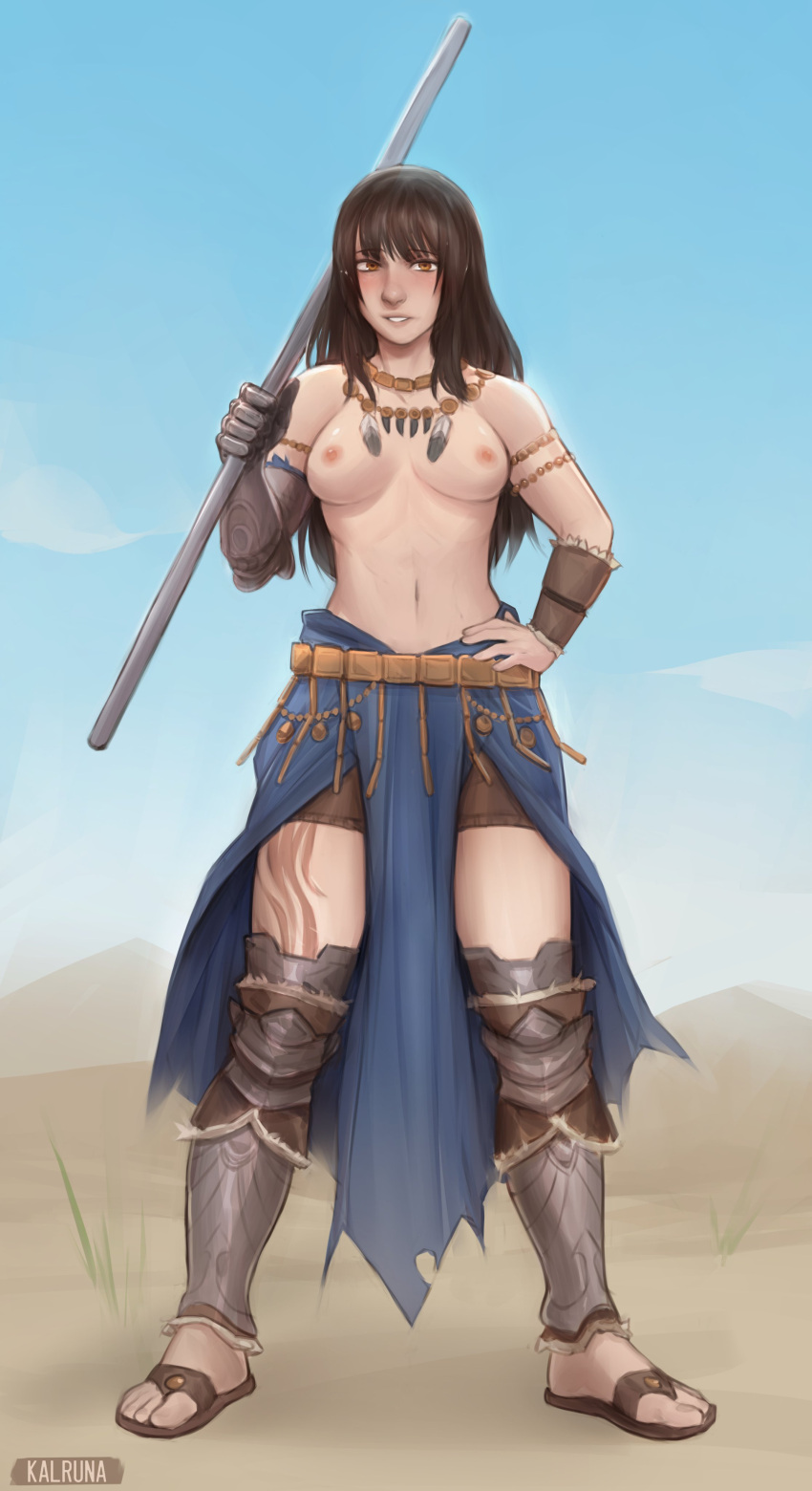 1girl absurdres armor belt blue_sky blush breasts brown_hair cosplay desert feathers fire_emblem fire_emblem:_the_blazing_blade gauntlets greaves hawkeye_(fire_emblem) hawkeye_(fire_emblem)_(cosplay) highres holding holding_weapon jewelry kalruna leg_armor long_hair looking_at_viewer medium_breasts necklace nipples pashiri_na_boku_to_koi_suru_banchou-san pole sandals shorts single_vambrace skirt sky smile standing tattoo topless toramaru_kanade vambraces weapon yellow_eyes