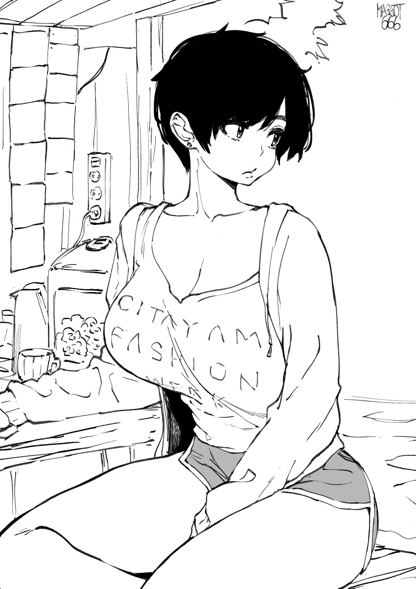 1girl absurdres artist_name bangs bare_legs between_legs black_hair breasts cardigan casual cleavage collarbone english_text food_stand greyscale hand_between_legs highres indoors large_breasts long_sleeves looking_away looking_to_the_side monochrome norman_maggot olive_laurentia open_cardigan open_clothes original parted_lips pixie_cut scoop_neck short_hair short_shorts shorts sitting sketch solo swept_bangs tile_wall tiles