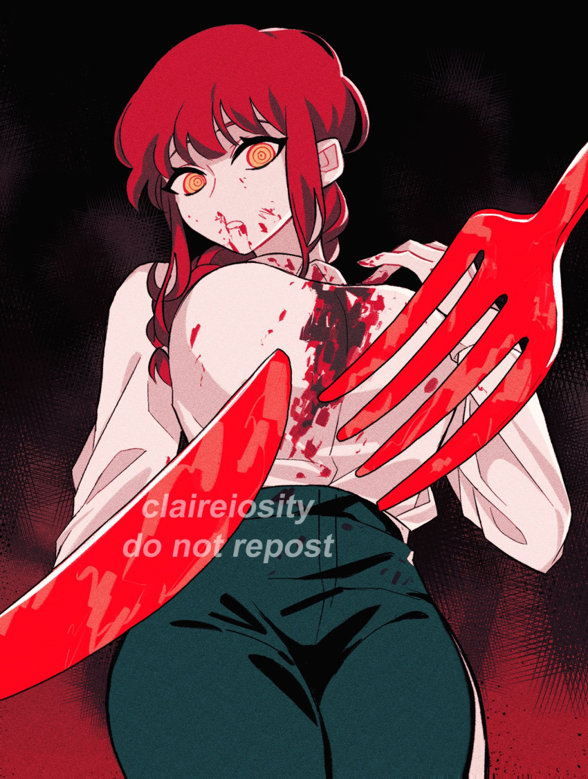 1girl artist_name black_necktie black_pants blood blood_on_clothes blood_on_face braid braided_ponytail breasts chainsaw_man claireiosity collared_shirt dark_background fork gradient gradient_background hair_over_shoulder highres knife large_breasts looking_at_viewer makima_(chainsaw_man) medium_hair necktie pants red_hair ringed_eyes shirt shirt_tucked_in solo thick_thighs thighs white_shirt yellow_eyes