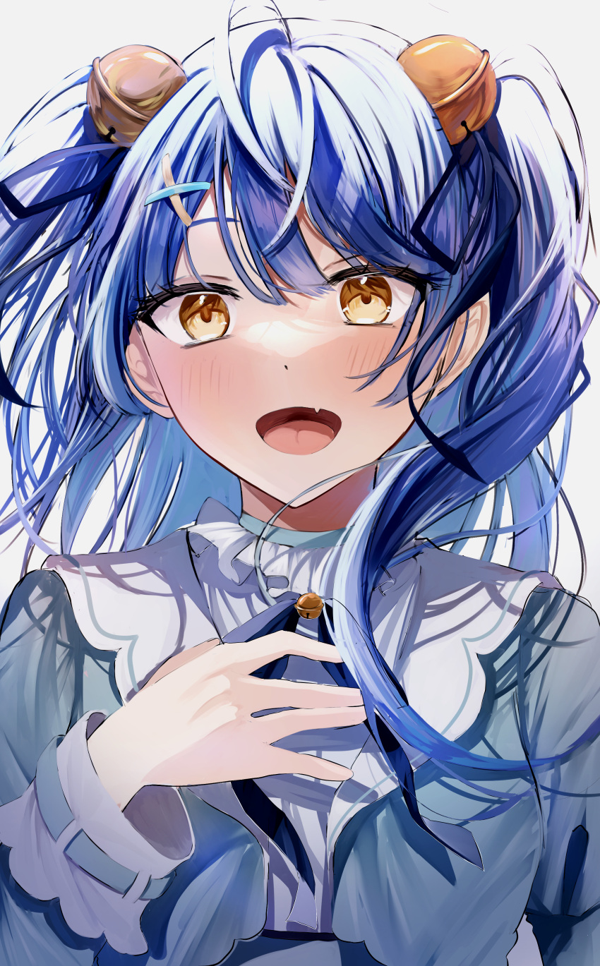 1girl absurdres ahoge amamiya_kokoro bangs bell blue_hair blue_ribbon blush collared_shirt cross_hair_ornament fang frilled_shirt frills green_shirt hair_ornament hand_on_own_chest highres long_sleeves mahiru_yura medium_hair neck_bell neck_ribbon nijisanji open_mouth ribbon shirt sidelocks simple_background smile solo twintails upper_body white_background yellow_eyes