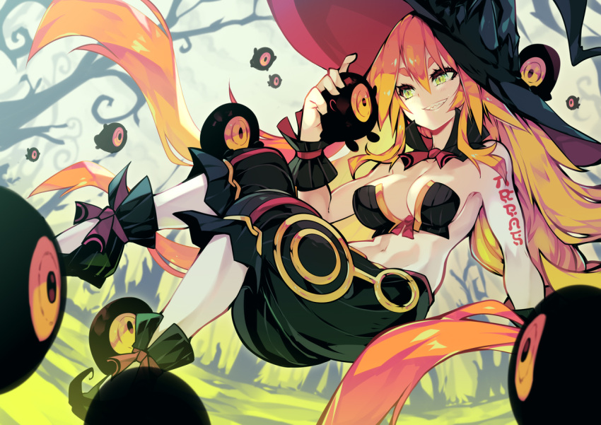 1girl arm_tattoo bare_shoulders black_footwear breasts cleavage green_eyes hair_between_eyes hat majo_to_hyakkihei metallica_(majo_to_hyakkihei) midriff navel non-web_source orange_hair parororo sharp_teeth sitting smile solo tattoo teeth tochka witch witch_hat