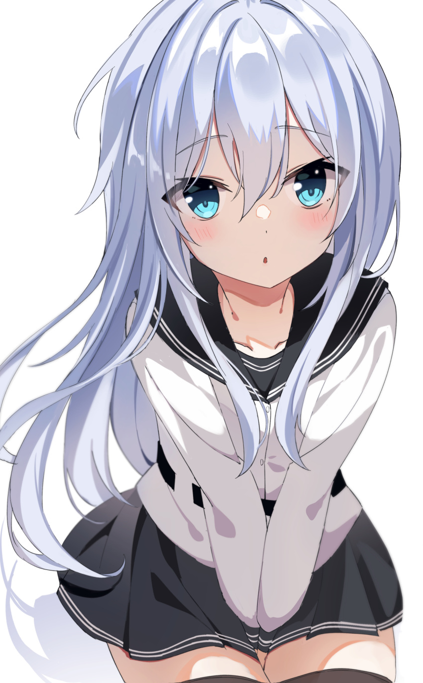1girl absurdres black_sailor_collar black_skirt black_thighhighs blue_eyes blush cowboy_shot fathom hair_between_eyes hibiki_(kancolle) highres kantai_collection leaning_forward long_hair long_sleeves looking_at_viewer parted_lips pleated_skirt sailor_collar sailor_shirt shirt simple_background skirt solo thighhighs verniy_(kancolle) white_background white_hair white_shirt