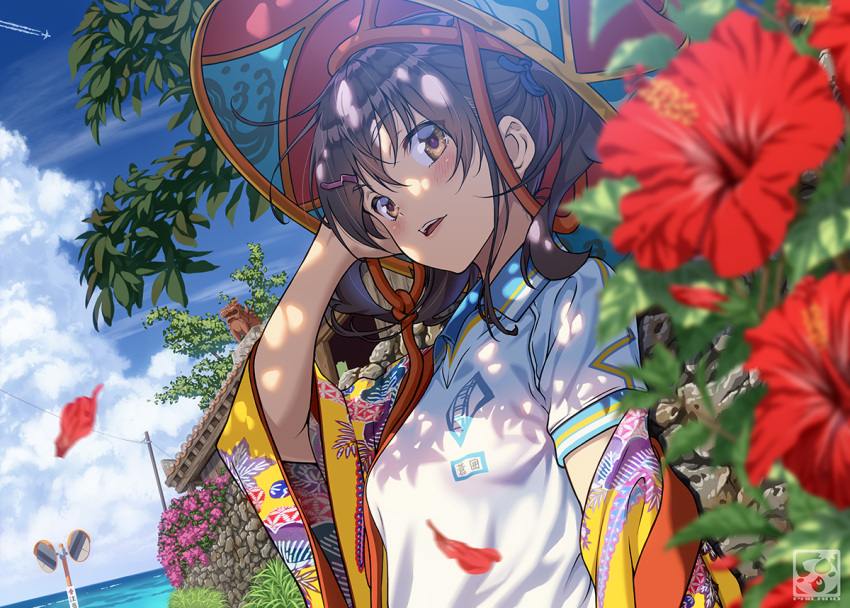 1girl blush brown_eyes brown_hair collar flower gym_uniform hair_between_eyes hibiscus long_hair looking_at_viewer okinawa open_mouth original pairan red_flower short_sleeves smile teeth watermark