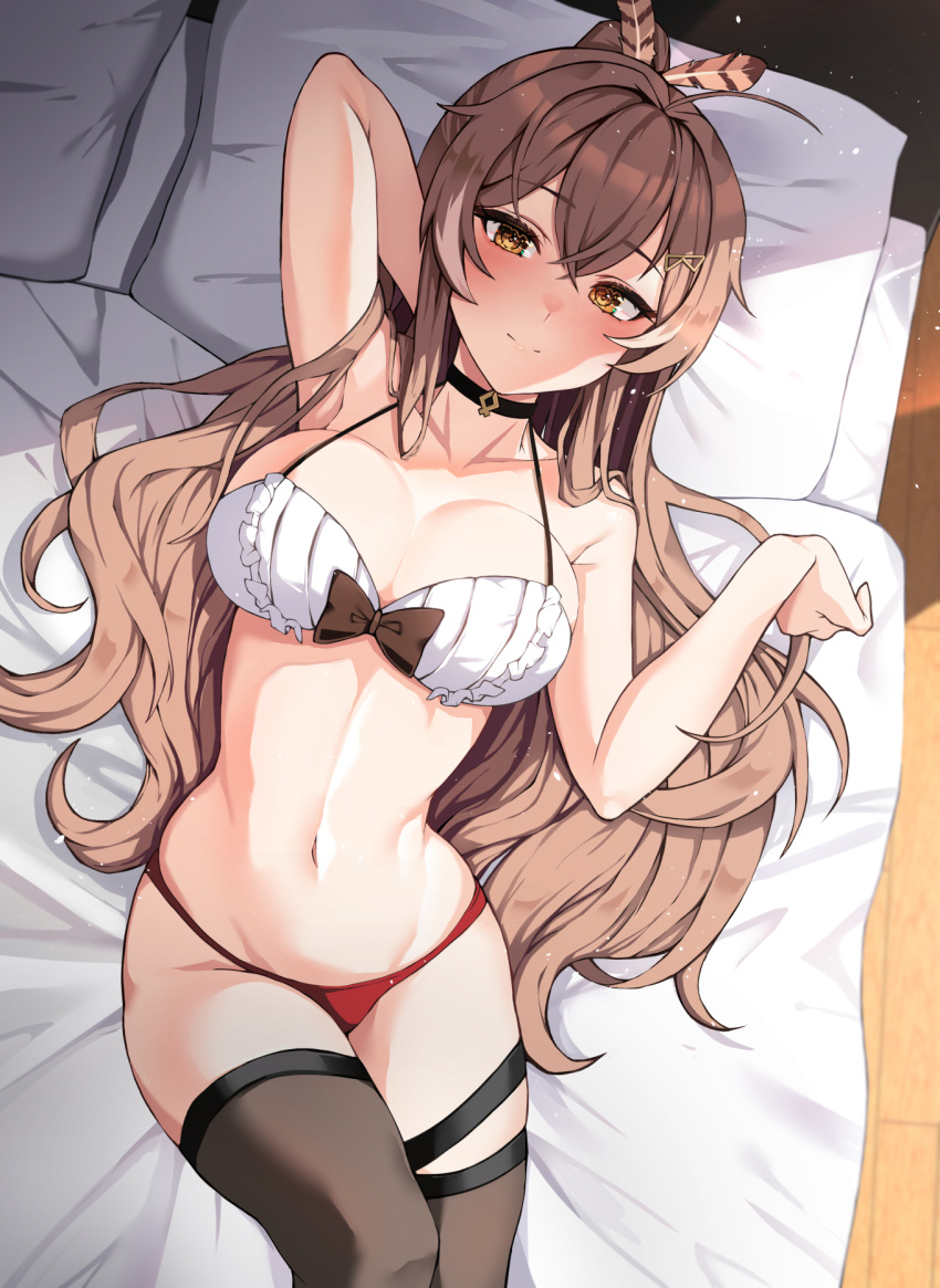 1girl arm_behind_head arm_up bangs bed black_choker bra breasts brown_eyes brown_hair brown_thighhighs choker closed_mouth commentary crossed_bangs english_commentary feather_hair_ornament feathers hair_between_eyes hair_ornament hairclip hand_up highres hololive hololive_english large_breasts lessthanone long_hair lying nanashi_mumei navel on_back on_bed panties pillow ponytail red_panties smile solo stomach thigh_strap thighhighs thighs underwear underwear_only very_long_hair virtual_youtuber wavy_hair white_bra