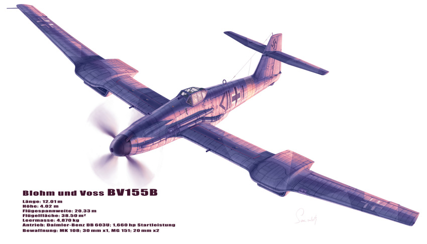 aircraft airplane balkenkreuz blohm_&amp;_voss_bv_155 fighter_plane german_text highres luftwaffe military military_vehicle original propeller roundel same_(carcharodon) swastika vehicle_focus world_war_ii