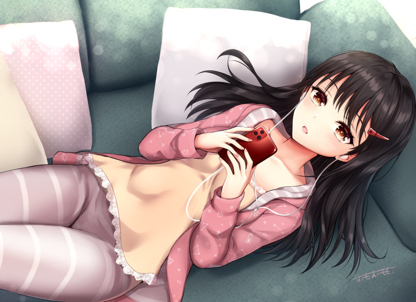 1girl bangs black_hair breasts brown_eyes brown_shirt cellphone collarbone commentary_request couch earbuds earphones grey_pants hair_ornament hairclip highres holding holding_phone jacket long_hair long_sleeves looking_at_viewer lying omoomomo on_back on_couch open_clothes open_jacket original pants parted_lips phone pillow pink_jacket shirt small_breasts solo striped striped_pants