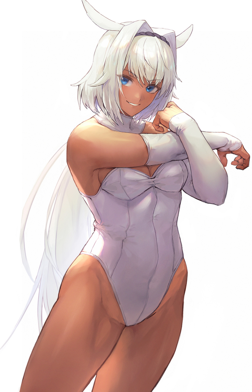 1girl animal_ears bangs blue_eyes blush breasts caenis_(fate) cleavage dark-skinned_female dark_skin detached_collar detached_sleeves fate/grand_order fate_(series) grin hair_intakes hairband highleg highleg_leotard highres large_breasts leotard long_hair looking_at_viewer low_ponytail otsukemono smile solo thighs very_long_hair white_background white_hair white_leotard