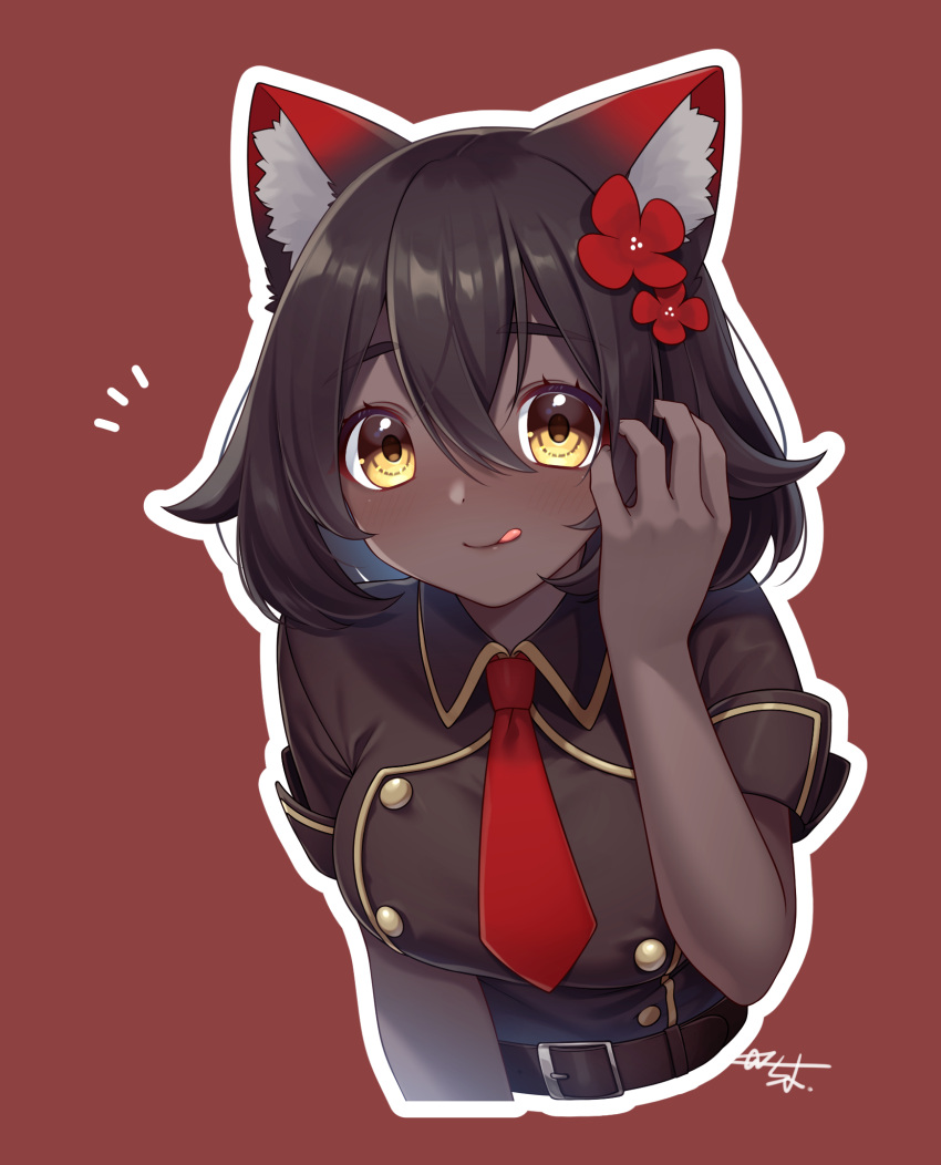 1girl :q animal_ear_fluff animal_ears belt black_hair blush brown_background brown_belt commentary_request cropped_torso dark-skinned_female dark_skin flower food hair_flower hair_ornament hand_in_own_hair hand_up highres indie_virtual_youtuber leaning_forward looking_at_viewer mouth_hold necktie notice_lines original outline pocky_day red_flower red_necktie sakura_chiyo_(konachi000) sakuraba_chiyo short_hair short_sleeves signature simple_background solo sweatdrop tongue tongue_out translated upper_body very_dark_skin virtual_youtuber white_outline wing_collar yellow_eyes