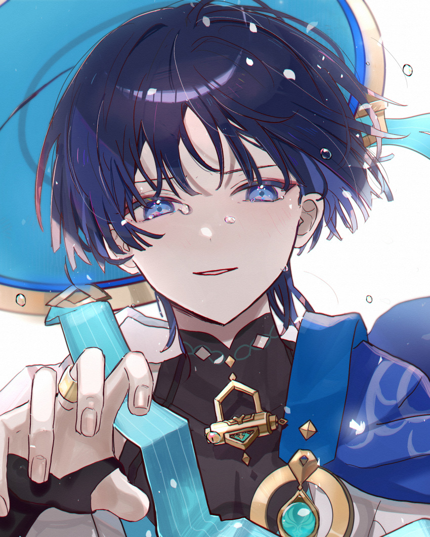 1boy bangs black_shirt blue_cape blue_eyes blue_hair blue_headwear blunt_ends cape collared_shirt commentary dark_blue_hair dot_nose eyeshadow flying_teardrops genshin_impact hat highres jingasa looking_at_viewer makeup mandarin_collar multicolored_hair parted_lips portrait reaching_towards_viewer red_eyeliner red_eyeshadow scaramouche_(genshin_impact) shirt short_hair simple_background sleeveless sleeveless_shirt solo tears two-tone_hair upper_body wanderer_(genshin_impact) white_background yuyu