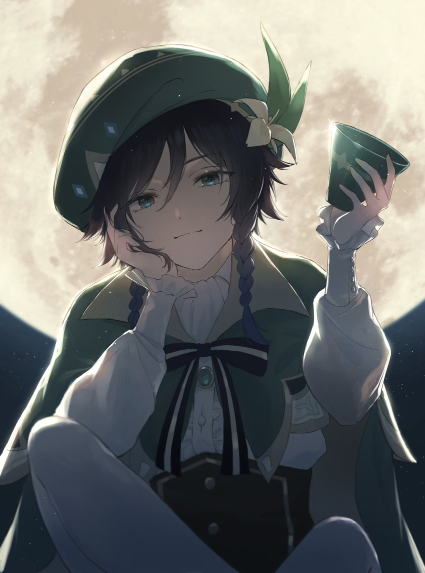 1boy ascot bangs beret black_bow black_bowtie black_hair black_sky blue_eyes blue_gemstone blue_hair blue_sky bow bowtie braid buttons capelet closed_mouth collared_shirt corset cup flower frills gem genshin_impact gradient gradient_hair gradient_sky green_capelet green_headwear grey_ascot grey_bow grey_bowtie grey_flower grey_pantyhose grey_shirt hair_between_eyes hand_on_own_face hands_up hat hat_flower hat_leaf hat_ornament highres holding holding_cup jewelry leaf lily_(flower) long_sleeves looking_at_viewer male_focus moon moonlight mskmmti multicolored_hair night night_sky outdoors pantyhose puffy_long_sleeves puffy_sleeves shirt short_hair sitting sky smile solo sparkle star_(sky) starry_sky striped striped_bow striped_bowtie twin_braids two-tone_bow two-tone_bowtie venti_(genshin_impact) vision_(genshin_impact) wing_collar yellow_moon