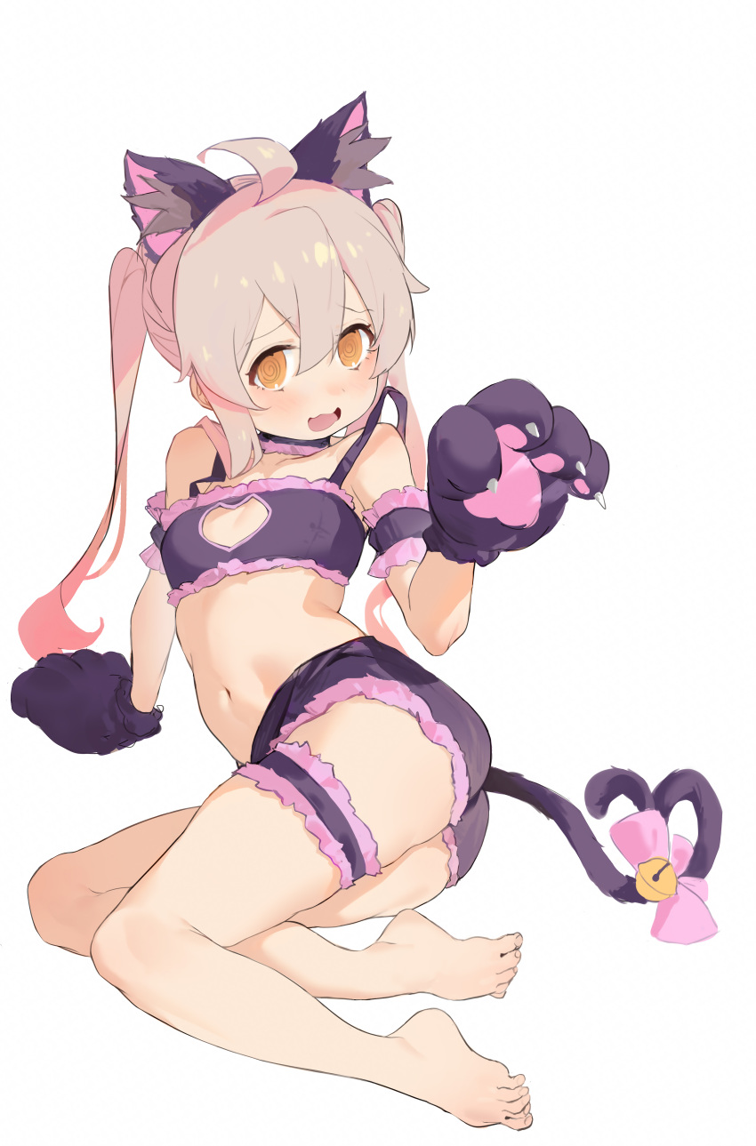 1girl :d @_@ absurdres ahoge alternate_hairstyle animal_ear_fluff animal_ears animal_hands arm_garter bangs bare_shoulders barefoot bell blush bow breasts bridal_garter cat_ears cat_tail choker cleavage_cutout clothing_cutout feet full_body gloves grey_hair hair_between_eyes heart heart_tail highres jingle_bell long_hair looking_at_viewer navel onii-chan_wa_oshimai open_mouth orange_eyes oyama_mahiro paw_gloves pink_bow pink_hair shenqi_de_(9) short_shorts shorts simple_background small_breasts smile solo stomach tail tail_bell tail_bow tail_ornament toes twintails wavy_mouth white_background