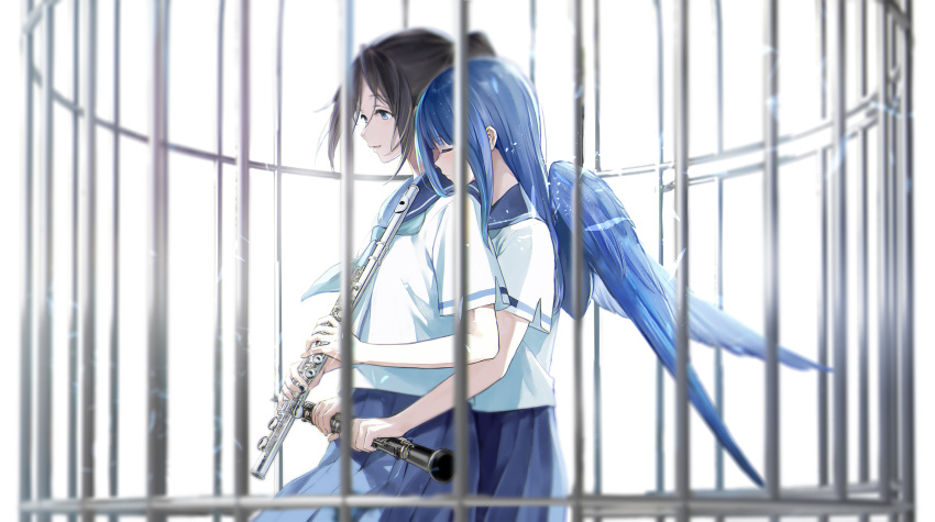 2girls angel_wings bangs birdcage black_hair blue_eyes blue_hair blue_neckerchief blue_sailor_collar blue_skirt blush cage closed_mouth flute hibike!_euphonium highres holding holding_instrument hug hug_from_behind instrument kasaki_nozomi kisetsu kitauji_high_school_uniform liz_to_aoi_tori long_hair multiple_girls neckerchief oboe parted_lips pleated_skirt ponytail sailor_collar school_uniform serafuku shirt short_sleeves skirt smile standing uniform white_shirt wings yoroizuka_mizore yuri