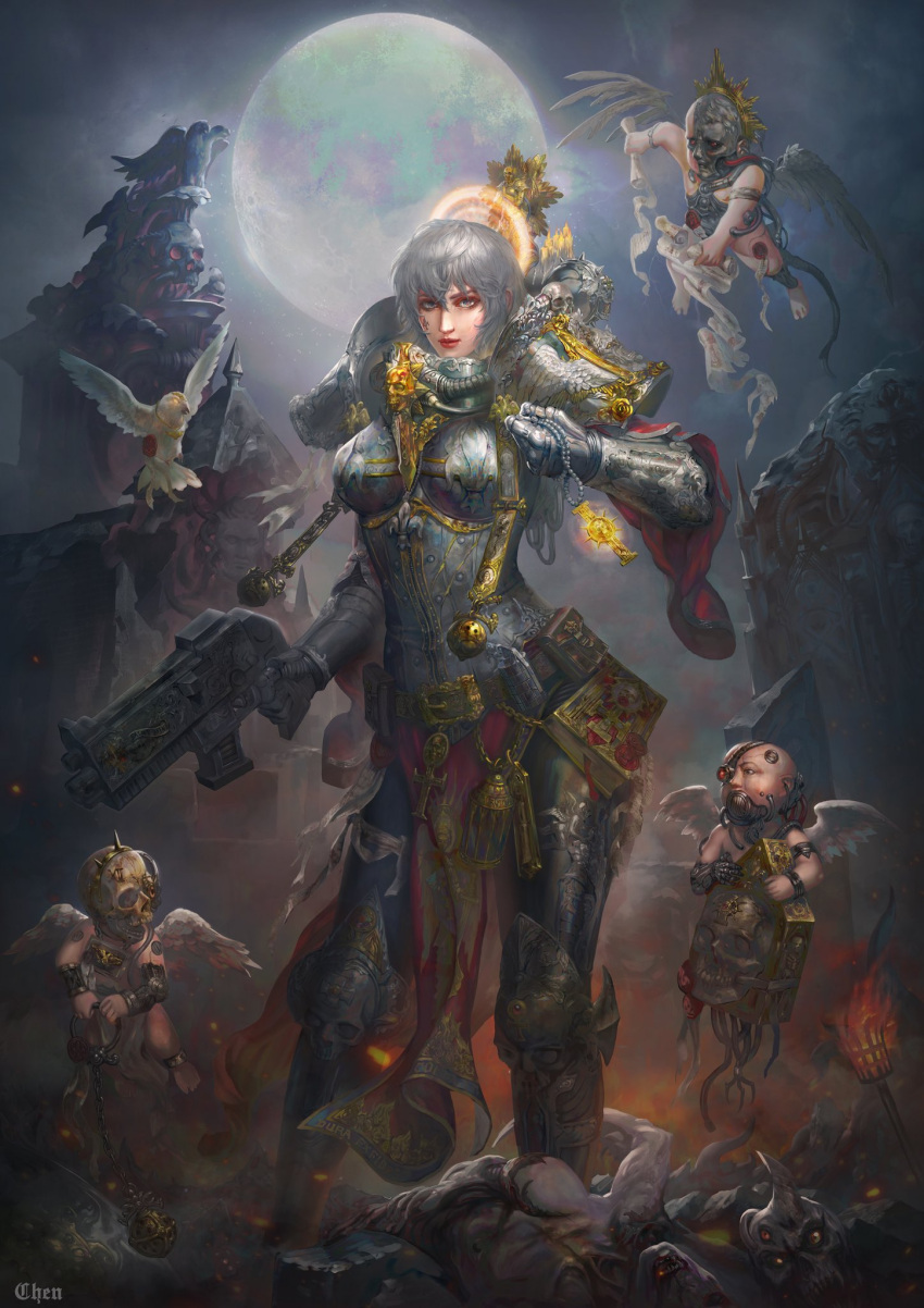 1girl 4others adepta_sororitas angel armor armored_boots artist_name bangs bird blood bolter boots chenart12 closed_mouth death demon dove facial_tattoo fleur_de_lis full_body full_moon gauntlets gold_necklace gun halo highres holding holding_gun holding_jewelry holding_necklace holding_scroll holding_weapon jewelry lips lipstick looking_at_viewer makeup moon multiple_others necklace night night_sky outdoors pauldrons pelvic_curtain red_lips scroll sharp_teeth short_hair shoulder_armor skull skull_ornament sky slaanesh standing tattoo teeth warhammer_40k wax_seal weapon white_hair white_wings wings