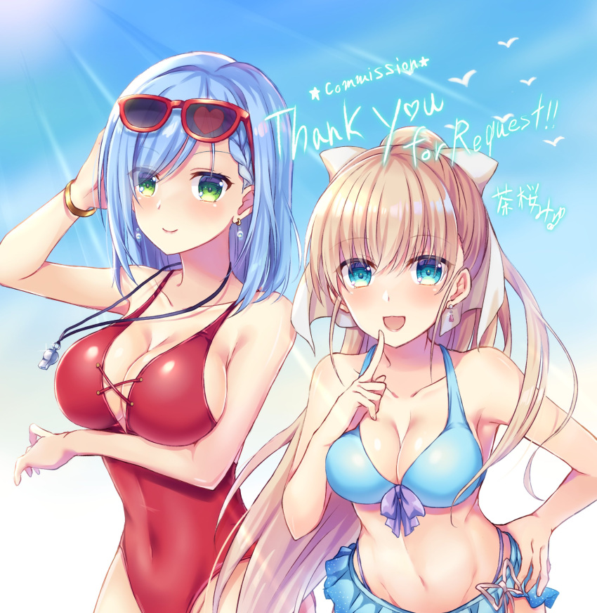 2girls :d absurdres arm_up bangs bare_arms bikini bikini_skirt blonde_hair blue_bikini blue_eyes blue_hair bow bracelet braid breast_press breasts casual_one-piece_swimsuit cleavage closed_mouth collarbone commission earrings eyewear_on_head floating_hair green_eyes groin hair_between_eyes hair_bow hand_in_own_hair highres jewelry large_breasts long_hair looking_at_viewer medium_breasts multiple_girls navel nishijou_myu one-piece_swimsuit open_mouth original ponytail red-framed_eyewear red_one-piece_swimsuit sideboob single_braid skeb_commission smile sunglasses sunlight swimsuit very_long_hair whistle white_bow