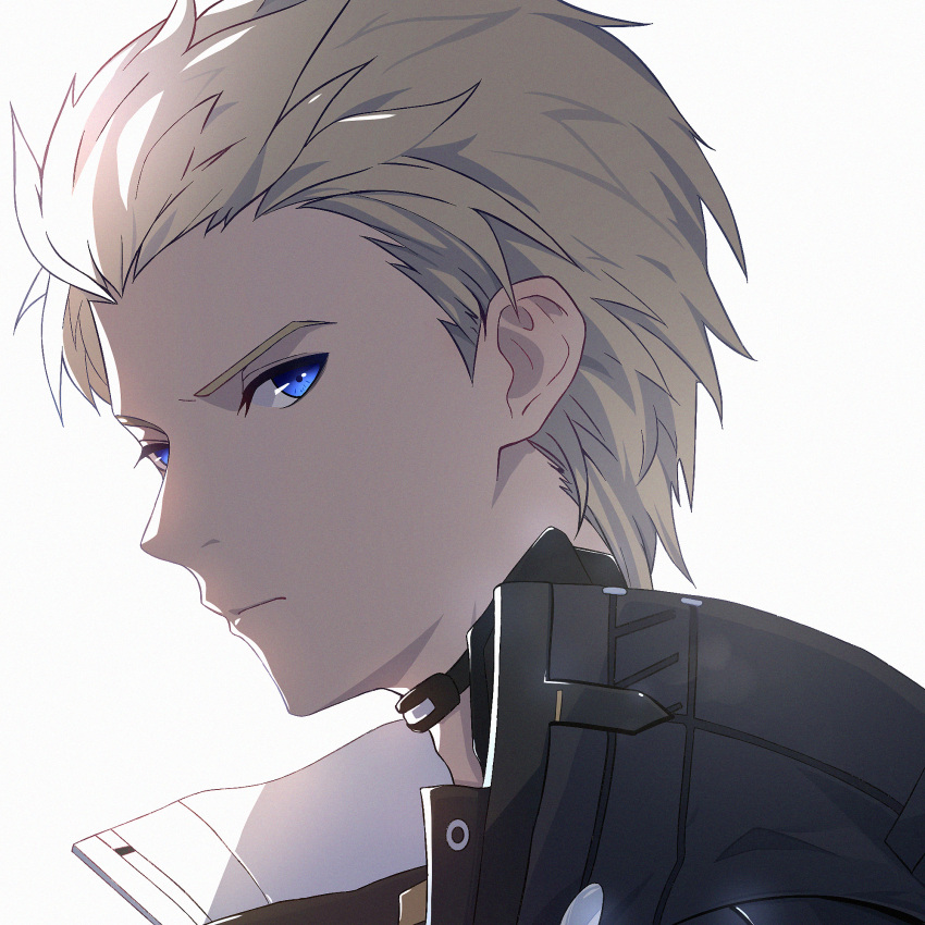 1boy black_jacket blue_eyes character_request closed_mouth from_side highres jacket light_brown_hair lzypoipoi punishing:_gray_raven short_hair white_background
