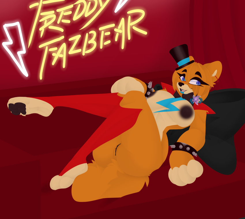 absurd_res accessory anthro bear blue_eyes bow_tie bracelet breasts butt clothing curtains ear_piercing female five_nights_at_freddy's five_nights_at_freddy's:_security_breach footwear furniture genitals glamrock_freddy_(fnaf) hat headgear headwear hi_res jewelry mammal nipples nude open_mouth paws piercing pussy scottgames smile socks sofa solo tail teeth tongue tsukipaw