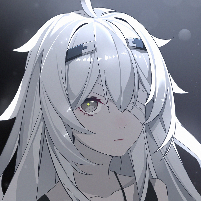 1girl ahoge bandage_over_one_eye bandaid bandaid_on_face black_shirt character_request closed_mouth greyscale highres long_hair long_sleeves lzypoipoi monochrome portrait punishing:_gray_raven shirt