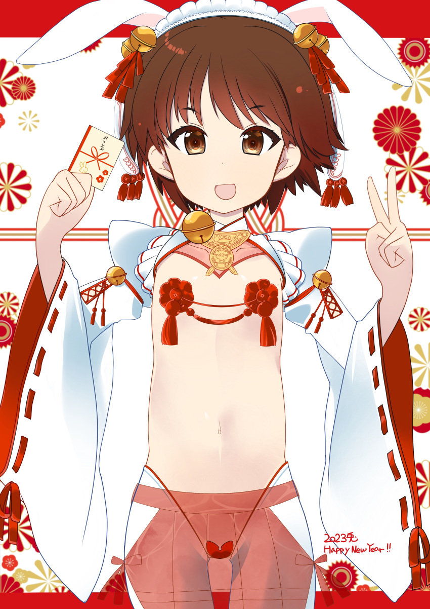 1girl 2023 absurdres animal_ears bangs bell brown_eyes brown_hair chinese_zodiac cowboy_shot english_text fake_animal_ears flat_chest girls_und_panzer hair_bell hair_ornament hakama hakama_skirt happy_new_year highres isobe_noriko jacket japanese_clothes jingle_bell lace-trimmed_sleeves lace_trim long_sleeves looking_at_viewer maebari navel new_year open_mouth otoshidama pasties pleated_skirt rabbit_ears red_skirt revealing_clothes see-through short_hair shrug_(clothing) skirt smile solo standing tassel v white_jacket whitemaiden wide_sleeves year_of_the_rabbit