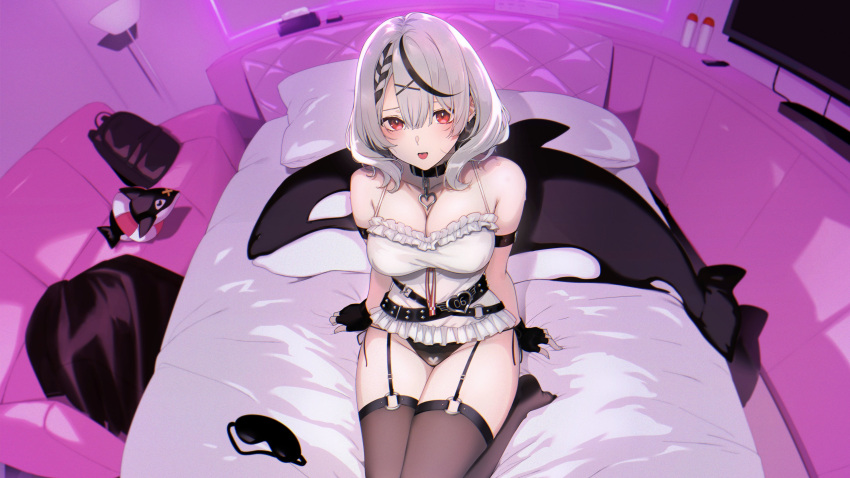 1girl absurdres bangs bare_shoulders bed black_gloves black_hair black_panties blush breasts brown_thighhighs camisole cleavage collarbone fingerless_gloves gloves grey_hair hair_ornament highres hololive katsurai_yoshiaki large_breasts looking_at_viewer medium_hair multicolored_hair on_bed open_mouth panties pillow red_eyes sakamata_chloe sitting solo streaked_hair stuffed_orca stuffed_toy thighhighs thighs underwear virtual_youtuber white_camisole x_hair_ornament