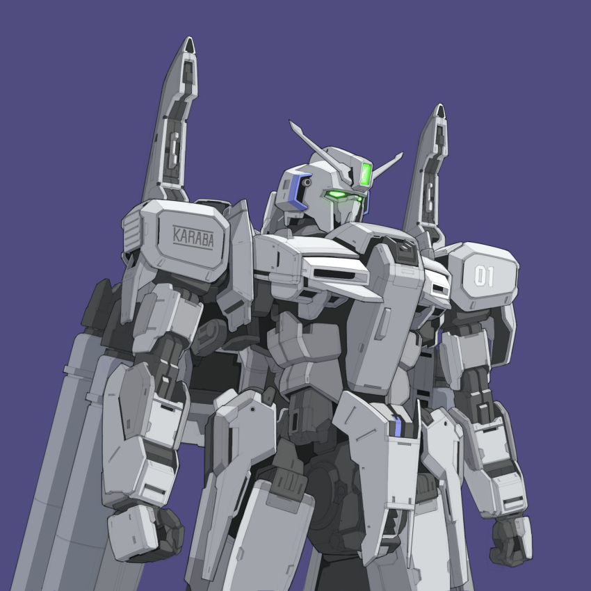 blue_background bmwsb0 clenched_hands glowing glowing_eyes gundam gundam_sentinel highres mecha mobile_suit no_humans robot science_fiction simple_background upper_body v-fin zeta_plus zeta_plus_c1