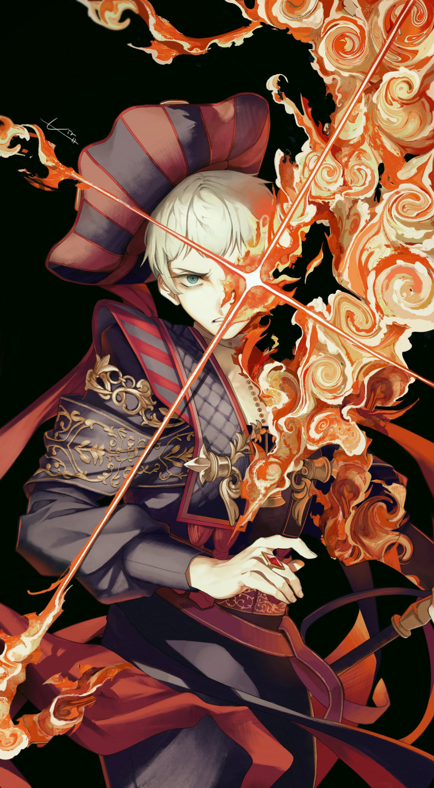 1boy absurdres air_(ai_r_) black_background black_robe blonde_hair buttons clenched_teeth fingernails fire fleur_de_lis glaring glowing glowing_eye gold_trim green_eyes hand_up hat highres long_sleeves looking_at_viewer male_focus parted_lips puffy_long_sleeves puffy_sleeves purple_headwear purple_sash red_headwear red_ribbon ribbon robe rollo_franme sash shirt short_hair sidelocks signature simple_background solo striped striped_headwear teeth tricorne twisted_wonderland v-shaped_eyebrows white_shirt