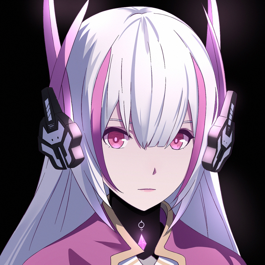 1girl black_background character_request closed_mouth hair_between_eyes hair_ornament headgear headphones highres long_hair looking_at_viewer lzypoipoi multicolored_hair pink_eyes pink_hair pink_lips portrait punishing:_gray_raven sidelocks two-tone_hair