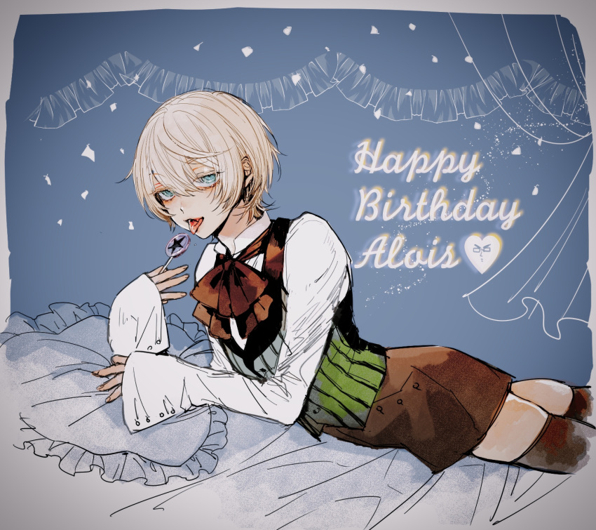 1boy alois_trancy blonde_hair blue_background blue_eyes border brown_shorts candy character_name collared_shirt food happy_birthday heart highres holding holding_candy holding_food holding_lollipop kuroshitsuji lollipop long_sleeves looking_at_viewer lying male_focus on_bed on_stomach pillow shirt short_hair shorts solo star_(symbol) tongue tongue_out tooyan white_border white_shirt