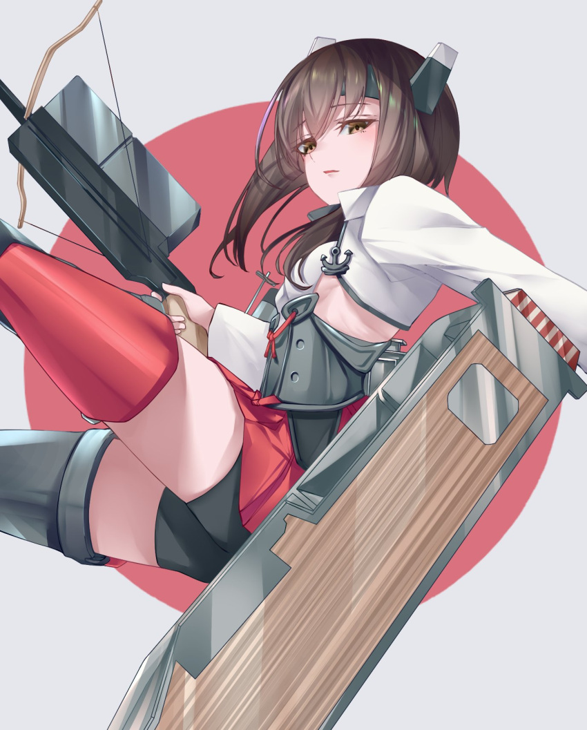 001machi 1girl bike_shorts black_shorts breasts brown_eyes brown_hair corset crossbow flight_deck headband headgear highres holding holding_crossbow holding_weapon kantai_collection long_sleeves rigging short_hair short_hair_with_long_locks shorts sidelocks small_breasts solo taihou_(kancolle) weapon